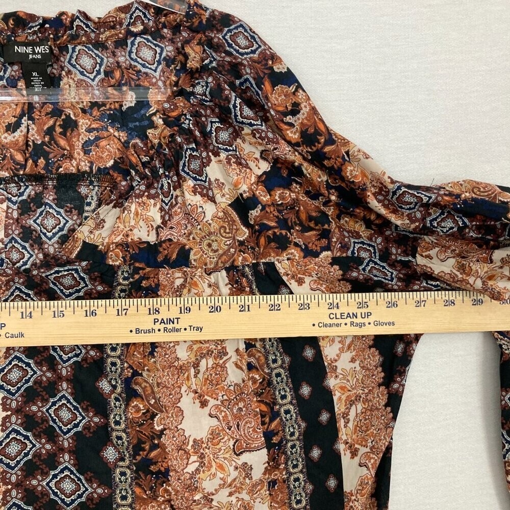 Nine West Brown Black Boho Print Ultra Soft Comfy Popover Blouse XL - Picture 7 of 10